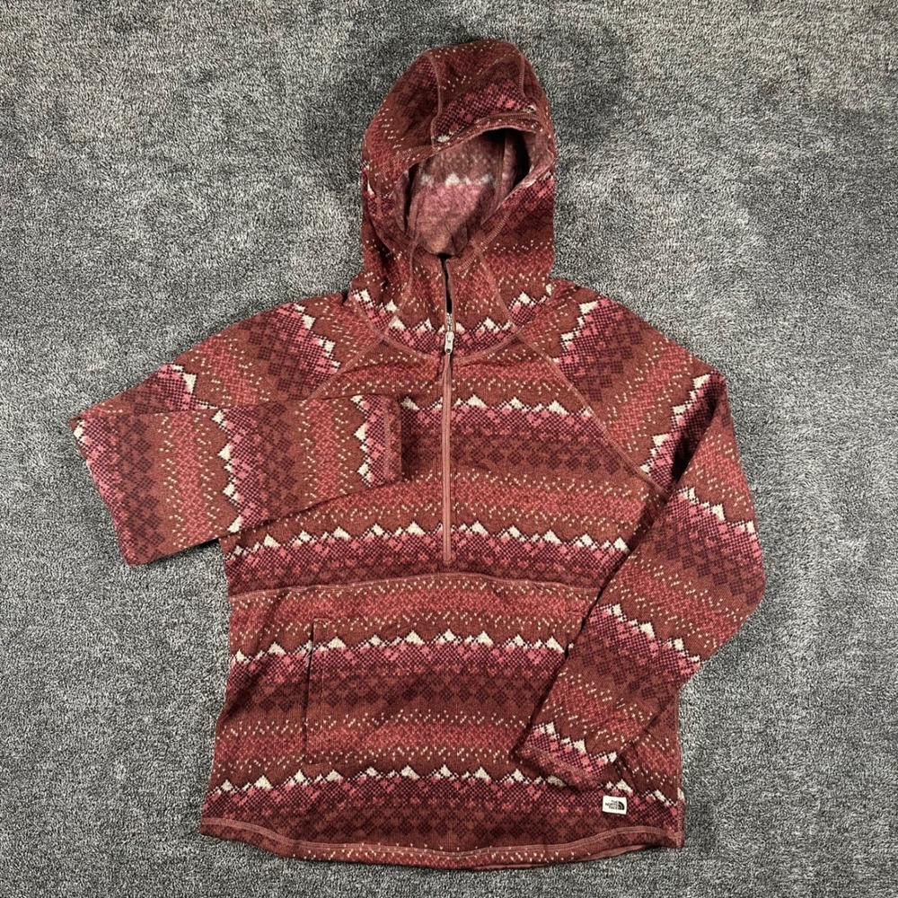 The North Face Hoodie Womens XL Fleece Red 1/2 Zip Fair Isle Mountain Top